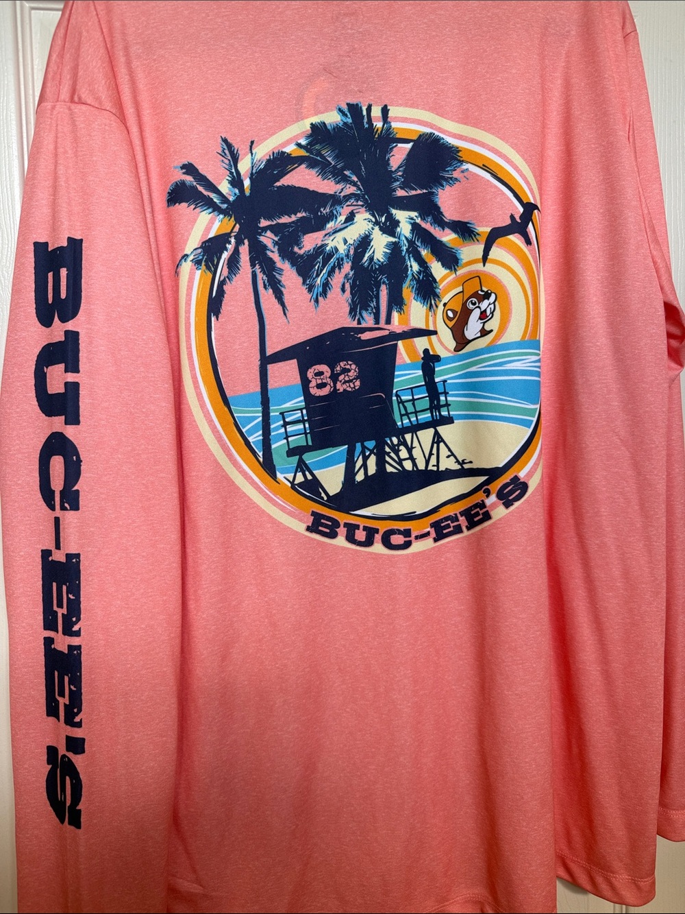Buc-ee's Women's Coral Beach Long Sleeve sun shirt.
